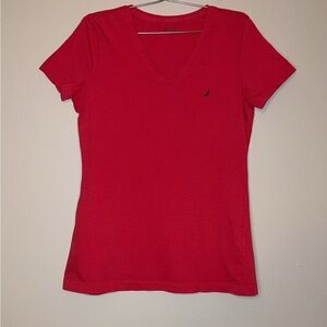 Nautica Women's Red V-Neck T-Shirt size small